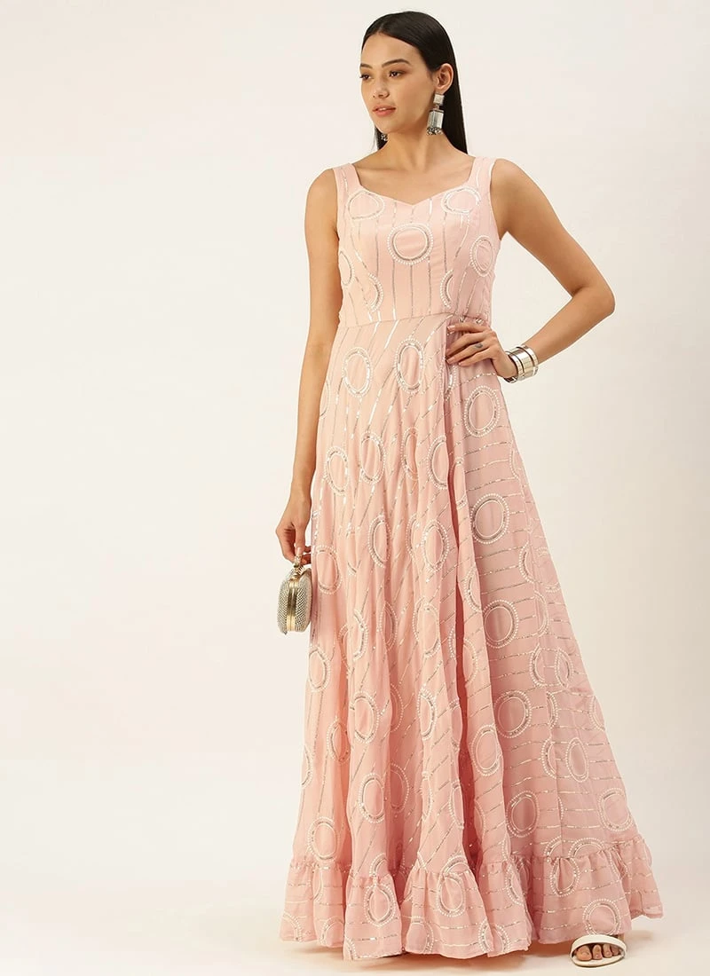 Pink Embroidered Pentagon Neck Style Gown Party Wear 3 Pink Embroidered Pentagon Neck Style Gown Party Wear - Image 3