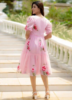 Pink Faux Chiffon Digital Print Fit And Flare Dress After Six Wear -C Bazaar Shop Pink Faux Chiffon Digital Print Fit And Flare Dress DRSSUF1301 b
