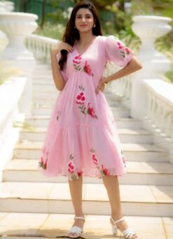 Pink Faux Chiffon Digital Print Fit And Flare Dress After Six Wear -C Bazaar Shop Pink Faux Chiffon Digital Print Fit And Flare Dress DRSSUF1301 u