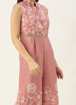 Pink Foil Print Chinon Jumpsuit Party Wear