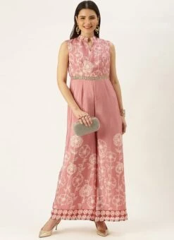 Pink Foil Print Chinon Jumpsuit Party Wear -C Bazaar Shop Pink Foil Print Chinon Jumpsuit DRBS02201207 u