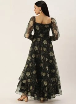 Black Printed Organza Maxi Dress Festive Wear -C Bazaar Shop Pink Foil Printed organza Maxi Dress DRBS02208513 b 1