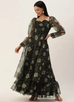 Black Printed Organza Maxi Dress Festive Wear -C Bazaar Shop Pink Foil Printed organza Maxi Dress DRBS02208513 u 1