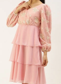 Pink Georgette Embroidered Layered Dress Party Wear