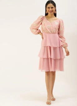 Pink Georgette Embroidered Layered Dress Party Wear -C Bazaar Shop Pink Georgette Embroidered Layered Dress DRBS02207310 u