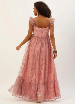 Pink Glitter Foil Tiered Gathers Dress Wedding Wear Party Wear -C Bazaar Shop Pink Glitter Foil Tiered Gathers Dress DRBS02209690 b