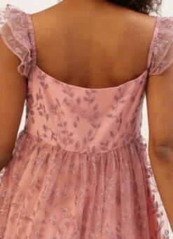 Pink Glitter Foil Tiered Gathers Dress Wedding Wear Party Wear -C Bazaar Shop Pink Glitter Foil Tiered Gathers Dress DRBS02209690 rrc2