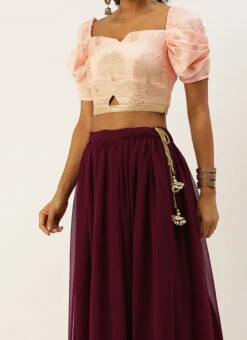 Pink Jacquard N Burgundy Georgette Lehenga Festive Wear