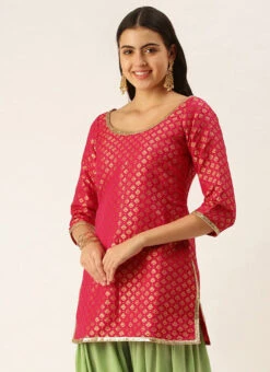 Pink Jacquard Round Neck Kurti Festive Wear -C Bazaar Shop Pink Jacquard Round Neck Kurti KRBS02307674 b