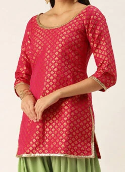 Pink Jacquard Round Neck Kurti Festive Wear