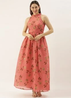 Pink Modal Chanderi Gathered Dress After Six Wear -C Bazaar Shop Pink Modal Chanderi Gathered Dress DRBS02104282 u