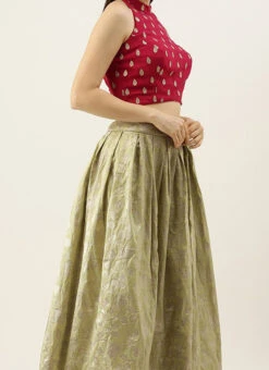 Pink N Green Box Pleat Lehenga Set Party Wear