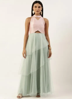 Pink N Green Embroidered Asymmetric Gown Festive Wear -C Bazaar Shop Pink N Green Embroidered Asymmetric Gown IWBS02211160 u