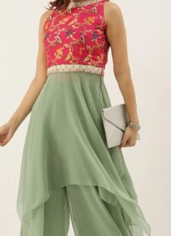 Pink N Green Handkerchief Style Kurti Festive Wear