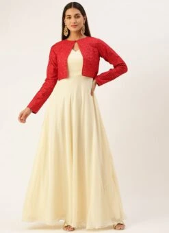 Pink N Light Green Embroidered Jacket Style Gown Festive Wear -C Bazaar Shop Pink N Light Green Embroidered Jacket Style Gown IWBS02301769 u