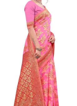 Pink N Red Color Woven Work Cotton Saree Festive Wear