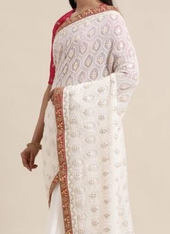 Pink N White Low V Neck Saree Festive Wear