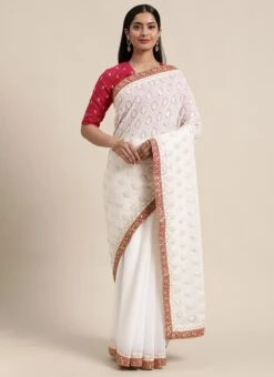 Pink N White Low V Neck Saree Festive Wear -C Bazaar Shop Pink N White Low V Neck Saree SABS01912125 u