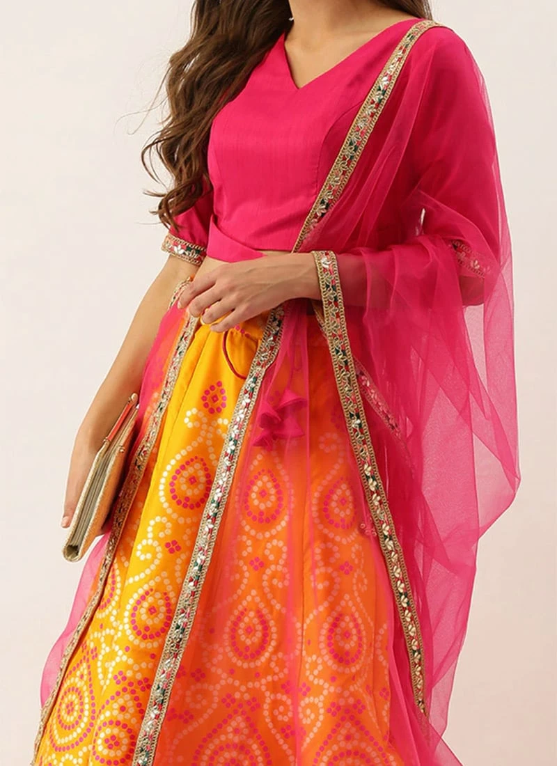 Pink N Yellow Art Silk Kali Lehenga Set Festive Wear 1 Pink N Yellow Art Silk Kali Lehenga Set Festive Wear