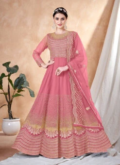 Pink Net Embroidered Anarkali Suit Party Wear -C Bazaar Shop Pink Net Embroidered Anarkali Suit SLSDC10231 u