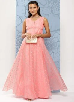 Pink Organza Jacquard Maxi Dress Festive Wear -C Bazaar Shop Pink Organza Jacquard Maxi Dress DRBS02301035 u