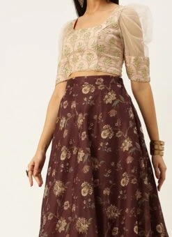 Pink Organza N Maroon Chanderi Lehenga Festive Wear