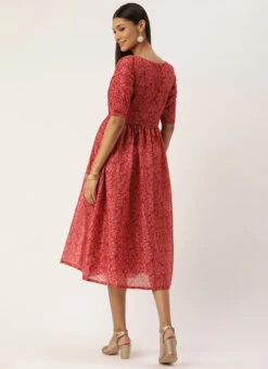 Pink Printed Cotton Gathered Calf Length Dress After Six Wear -C Bazaar Shop Pink Printed Cotton Gathered Calf Length Dress DRBS02106521 b