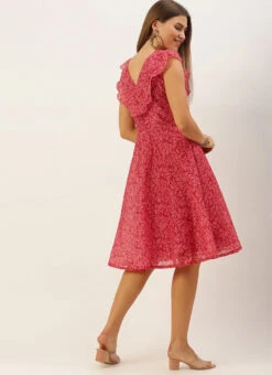 Pink Printed Cotton Knee Length Dress After Six Wear -C Bazaar Shop Pink Printed Cotton Knee Length Dress DRBS02105401 b