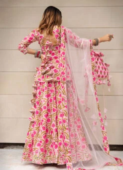 Pink Pure Cotton Hand Block Print Long Choli Lehenga Party Wear -C Bazaar Shop Pink Pure Cotton Hand Block Print Long Choli Lehenga GHJPJS1109 b