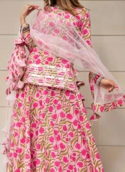 Pink Pure Cotton Hand Block Print Long Choli Lehenga Party Wear