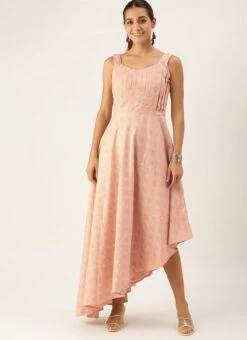Pink Rayon High N Low Pleated Yoke Dress After Six Wear -C Bazaar Shop Pink Rayon High N Low Pleated Yoke Dress DRBS02108664 u