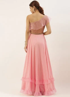 Pink Sequin Embroidered One Shoulder Gown Party Wear -C Bazaar Shop Pink Sequin Embroidered One Shoulder Gown IWBS02007299 b