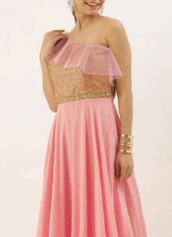 Pink Sequin Embroidered One Shoulder Gown Party Wear