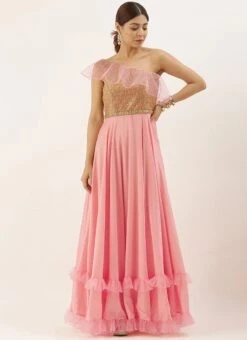 Pink Sequin Embroidered One Shoulder Gown Party Wear -C Bazaar Shop Pink Sequin Embroidered One Shoulder Gown IWBS02007299 u