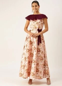 Pink Taffeta Digital Printed N Burgundy Dress Festive Wear -C Bazaar Shop Pink Taffeta Digital Printed N Burgundy Dress DRBS02109697 u
