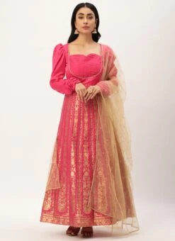 Top From Pink Taffeta Jacquard Anarkali Set After Six Wear -C Bazaar Shop Pink Taffeta Jacquard Anarkali Set SLBS02301044 u