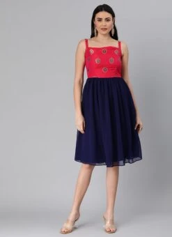 Pink Taffeta Jacquard N Navy Blue Dress Festive Wear -C Bazaar Shop Pink Taffeta Jacquard N Navy Blue Dress DRBS02205006 u