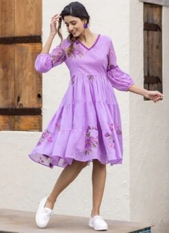 Purple Faux Chiffon Digital Print Fit And Flare Dress After Six Wear -C Bazaar Shop Purple Faux Chiffon Digital Print Fit And Flare Dress DRSSUF1305 u