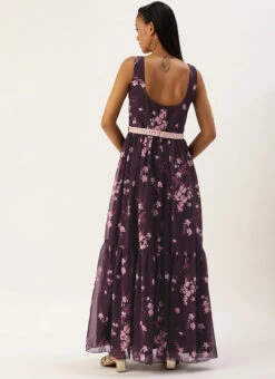 Purple Georgette Digital Printed Tiered Dress Festive Wear -C Bazaar Shop Purple Georgette Digital Printed Tiered Dress DRBS02302269 b
