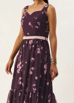 Purple Georgette Digital Printed Tiered Dress Festive Wear