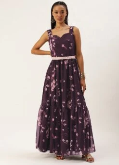 Purple Georgette Digital Printed Tiered Dress Festive Wear -C Bazaar Shop Purple Georgette Digital Printed Tiered Dress DRBS02302269 u