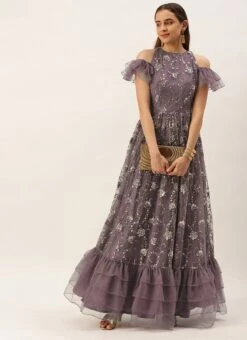 Purple Net Sequins Embroidered Layered Style Gown Wedding Wear -C Bazaar Shop Purple Net Sequins Embroidered Layered Style Gown IWBS02211171 u
