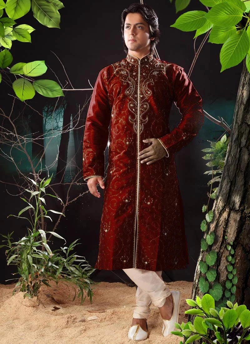 Maroon Art Dupion Silk Kurta Pyjama Party Wear 2 Maroon Art Dupion Silk Kurta Pyjama Party Wear - Image 2