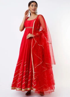 Red Chanderi Silk Embroidered Anarkali Suit Wedding Wear -C Bazaar Shop Red Chanderi Silk Embroidered Anarkali Suit SLDVC149 u