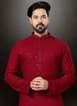 Maroon Cotton Lucknowi Embroidery Kurta Pyjama Party Wear -C Bazaar Shop Red Cotton Lucknowi Embroidery Kurta Pyjama KPMSGR2103 b