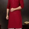 Maroon Cotton Lucknowi Embroidery Kurta Pyjama Party Wear