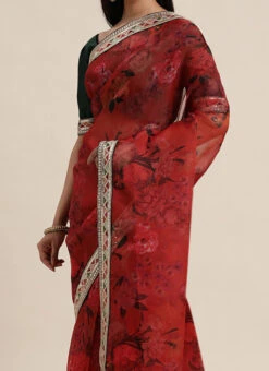 Red Digital Printed Organza Saree With Choli Party Wear