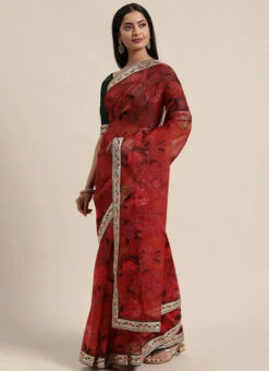Red Digital Printed Organza Saree With Choli Party Wear -C Bazaar Shop Red Digital Printed Organza Saree With Choli SABS02104197 u