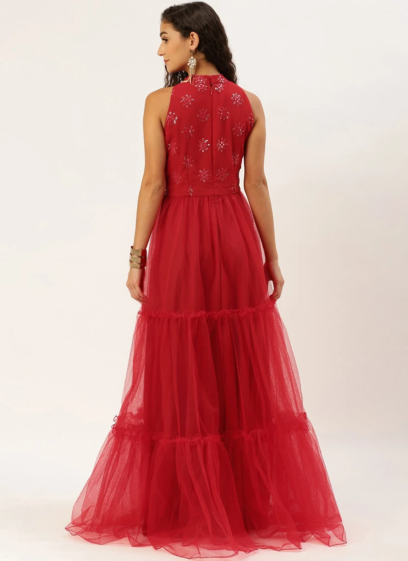 Red Georgette Embroidered Dress Festive Wear 4 Red Georgette Embroidered Dress Festive Wear - Image 4