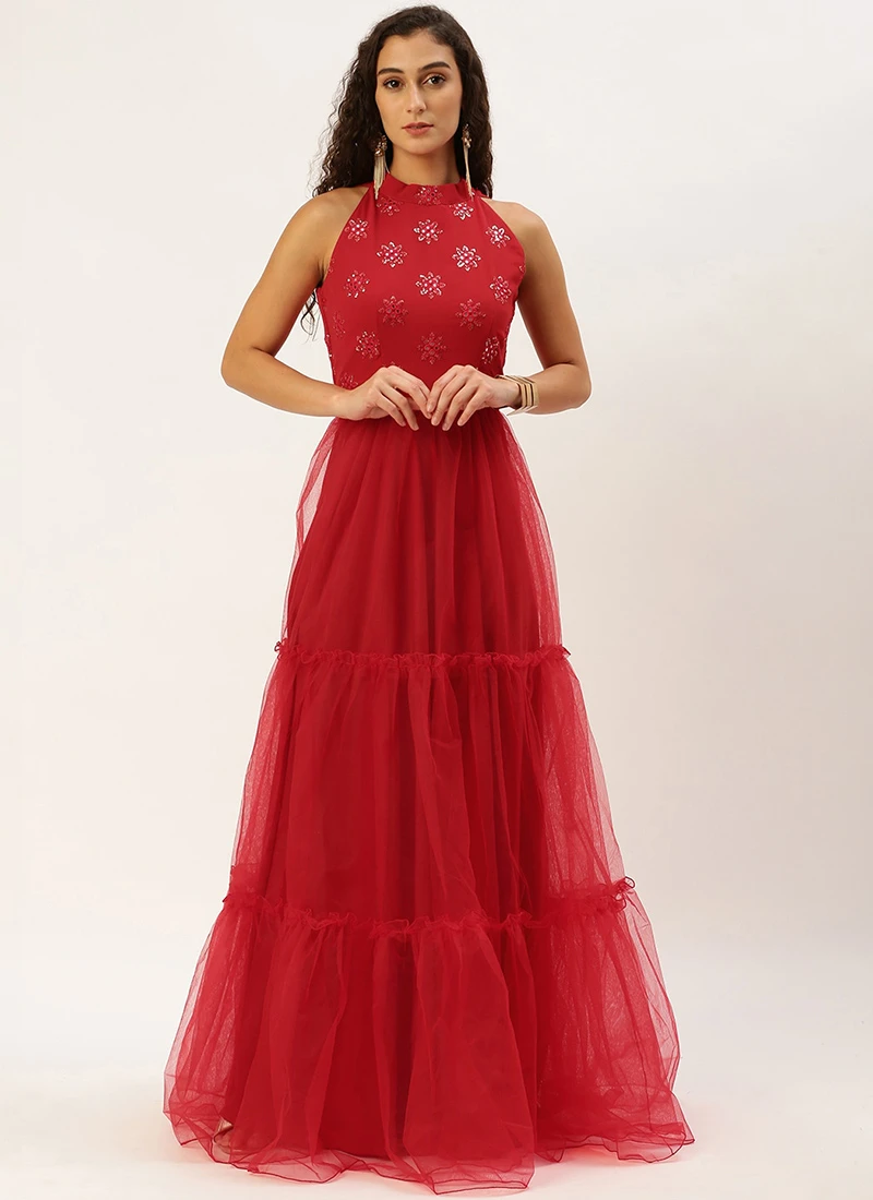 Red Georgette Embroidered Dress Festive Wear 3 Red Georgette Embroidered Dress Festive Wear - Image 3